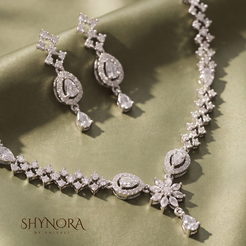 Diamond Lattice Floral Drop Necklace Set – Shynora By Shivali
