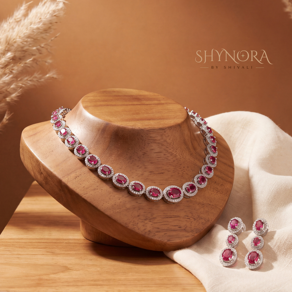Ruby Pink Oval Cluster Necklace Set – Shynora By Shivali