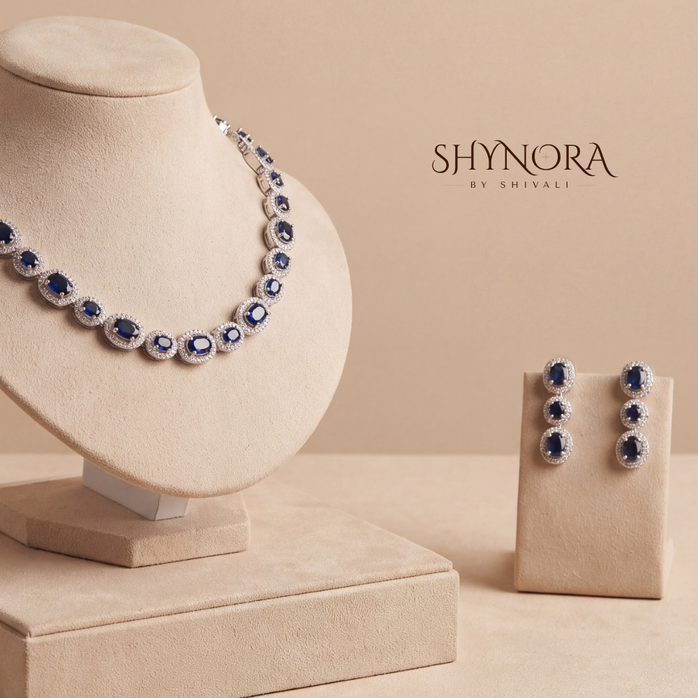 Sapphire Oval Halo Necklace Set – Shynora By Shivali