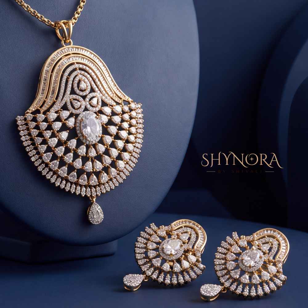 Ornate Shield Paisley AD Pendant Set – Shynora By Shivali