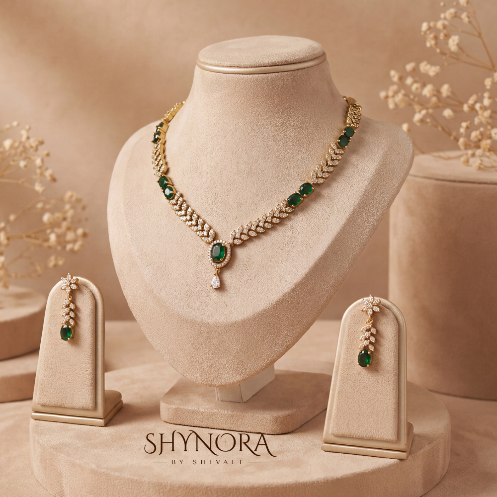 Emerald Chain Link Pear Pendant Necklace Set – Shynora By Shivali