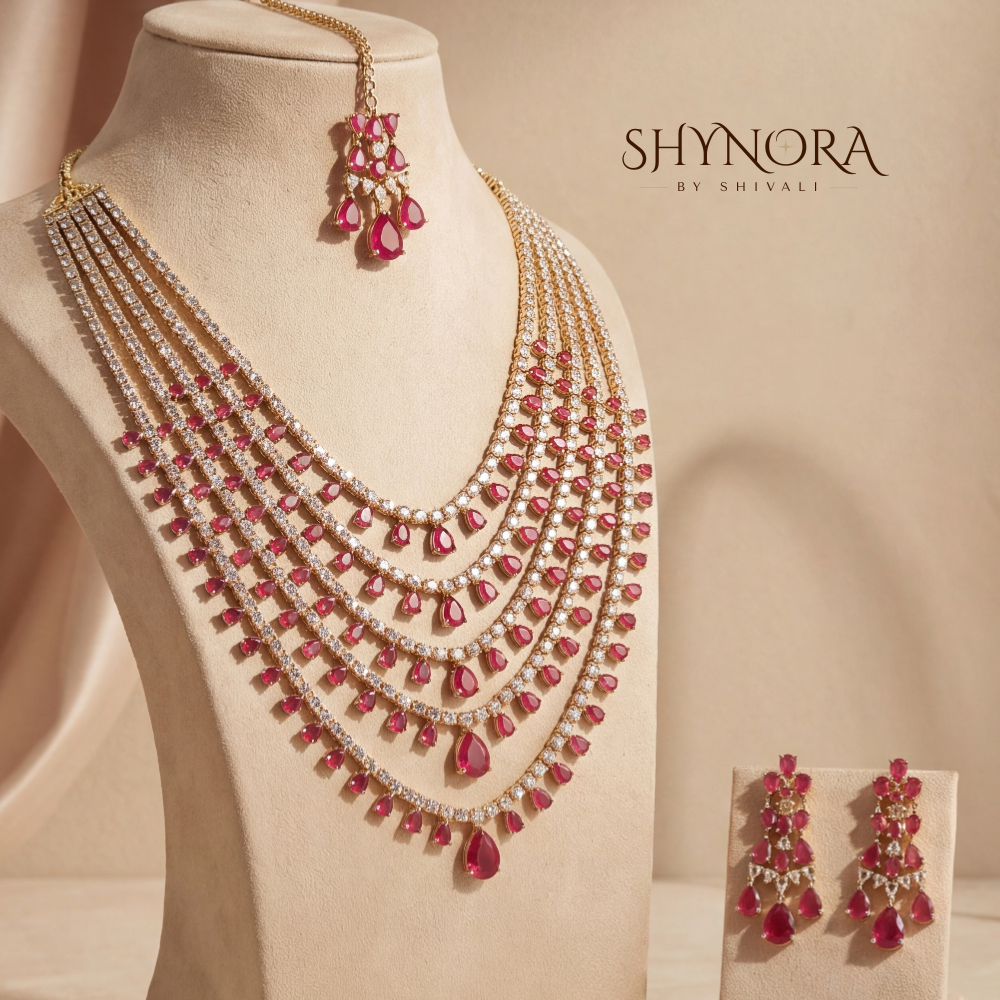 Ruby Red Grand Five-Layer Necklace Set with Maang Tikka – Shynora By Shivali
