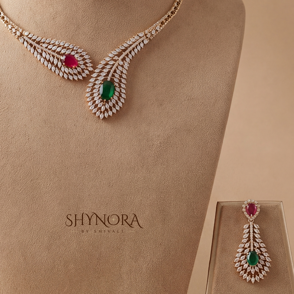 Ruby Emerald Leaf Wave Necklace Set – Shynora By Shivali