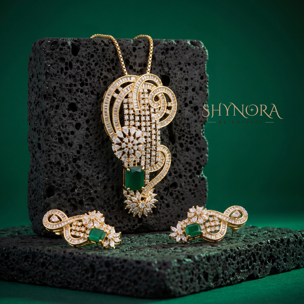 Emerald Scroll Cluster Pendant Set – Shynora By Shivali