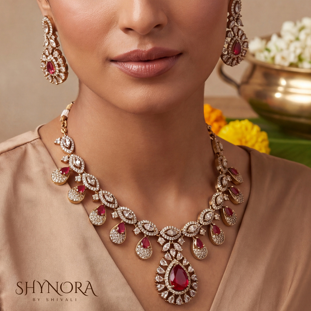 Ruby Pear Cluster Pendant Necklace Set – Shynora By Shivali