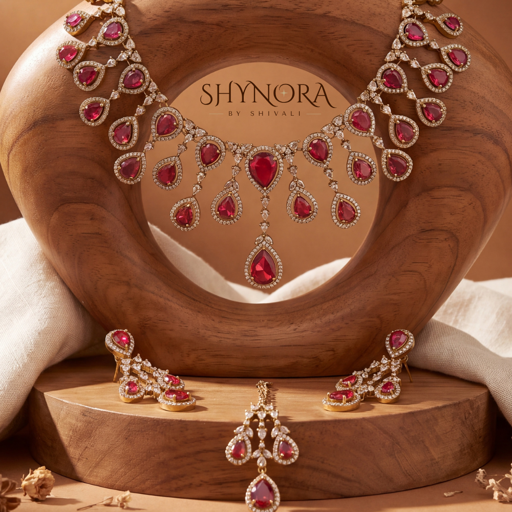 Ruby Pear Cluster Necklace Set – Shynora By Shivali