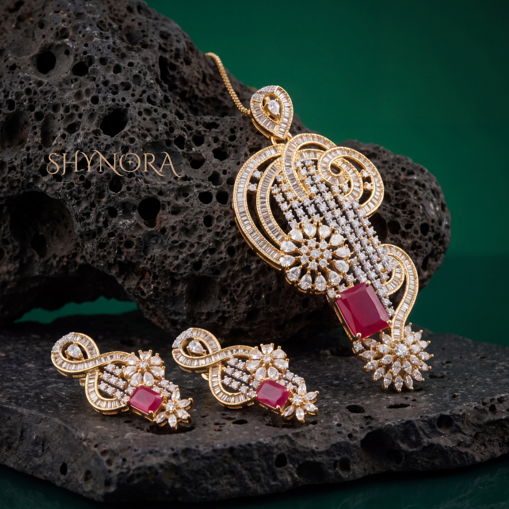 Ruby Scroll Cluster Pendant Set – Shynora By Shivali