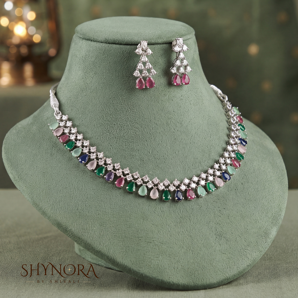 Multicolor Gemstone Diamond Lattice Necklace Set – Shynora By Shivali