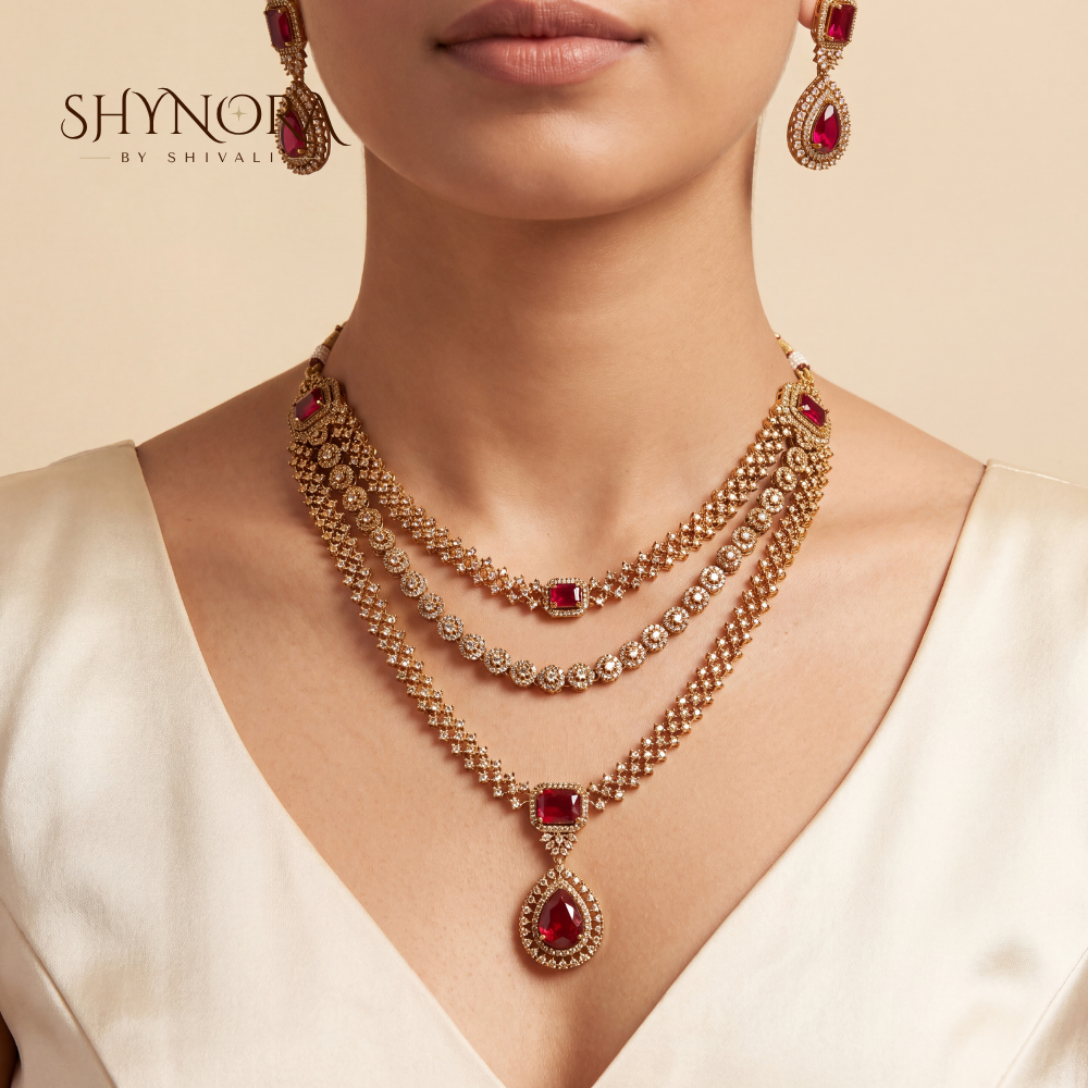 Three Tier Lattice Ruby Drop Necklace Set – Shynora By Shivali