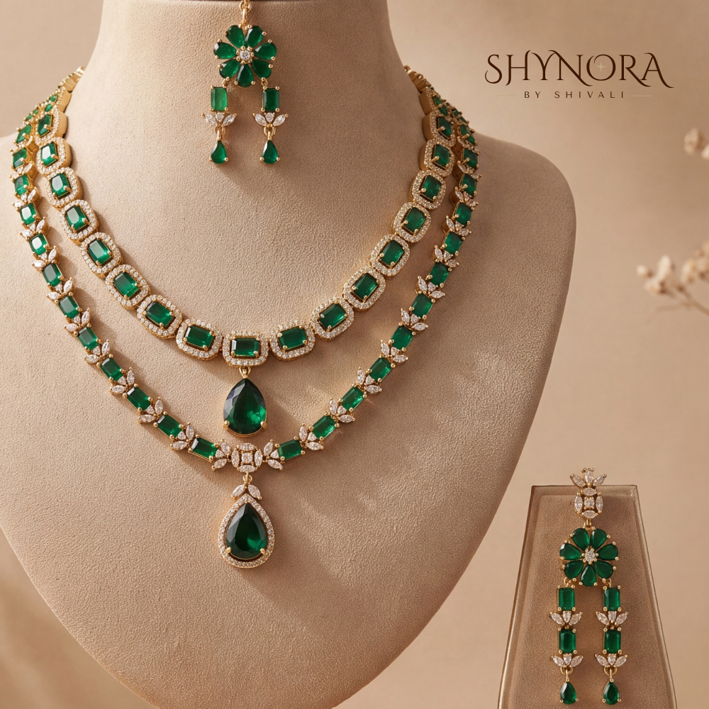 Emerald Two Layer Chain Necklace Set – Shynora By Shivali