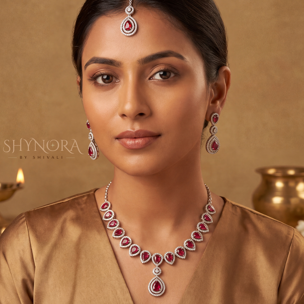 Ruby Delicate Pear Pendant Necklace Set – Shynora By Shivali
