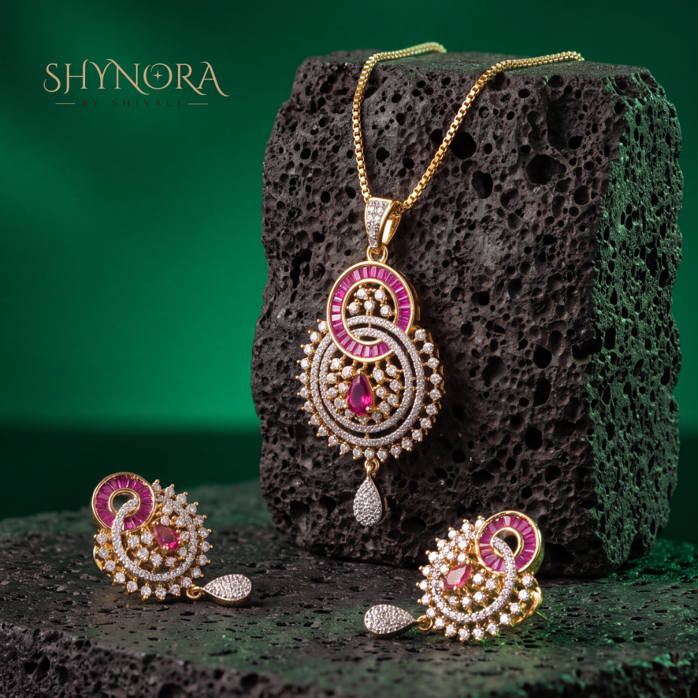 Ruby Gemstone Paisley Swirl Pendant Set – Shynora By Shivali