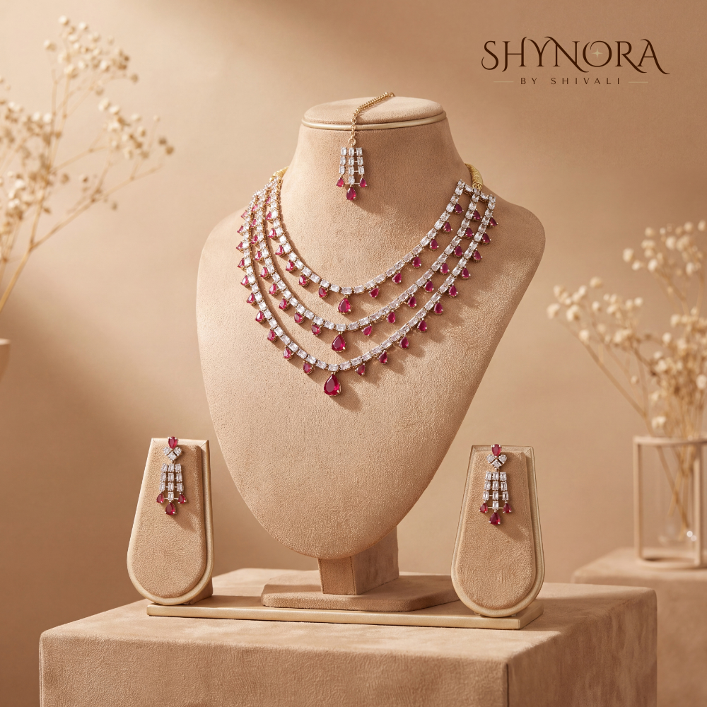 Ruby Red Layered Necklace Set with Maang Tikka – Shynora By Shivali