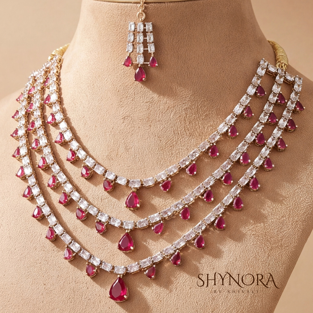 Ruby Red Layered Necklace Set with Maang Tikka – Shynora By Shivali