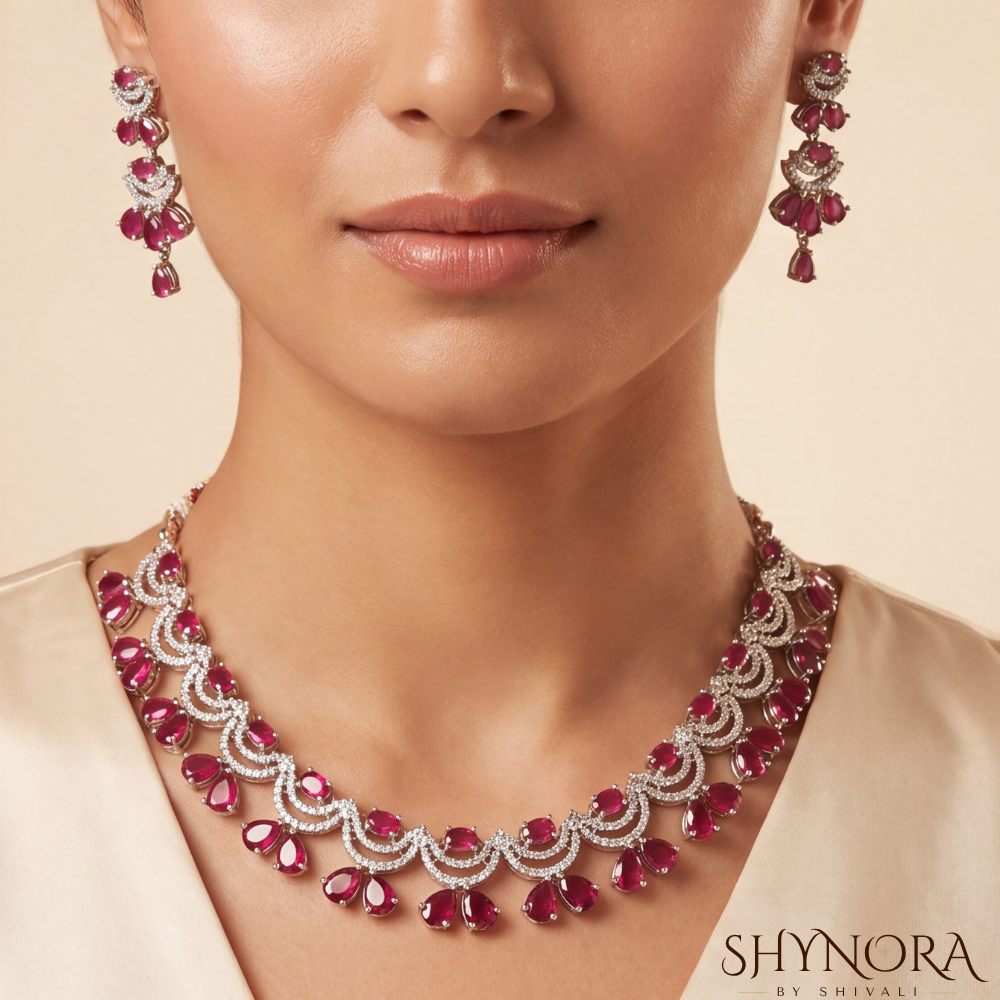 Ruby Cluster Pear Pendant Necklace Set – Shynora By Shivali