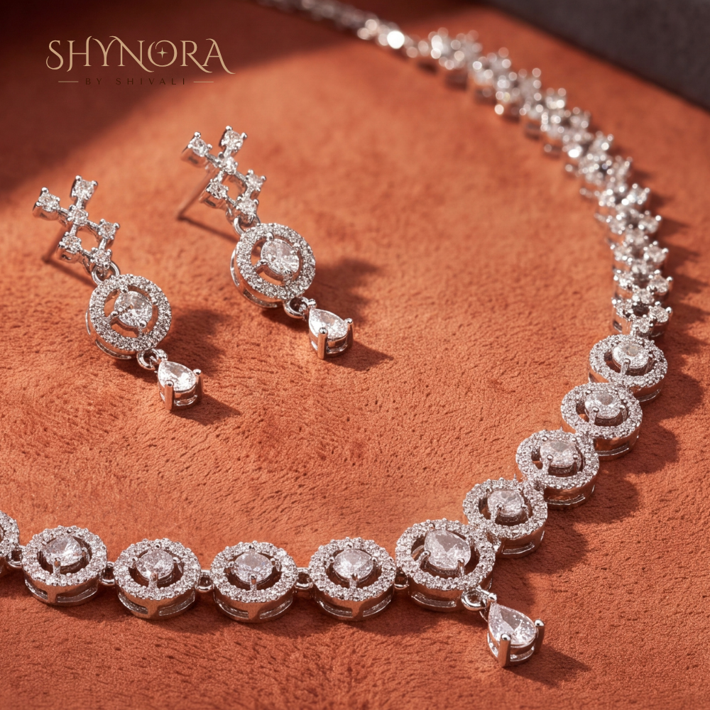 Round Halo Cluster Necklace Set – Shynora By Shivali