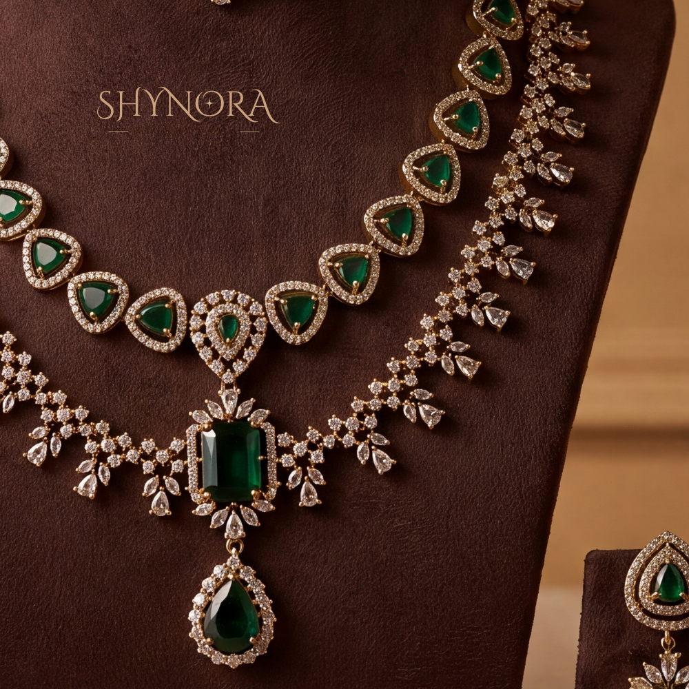 Emerald Two Layer Cluster Pendant Necklace Set – Shynora By Shivali