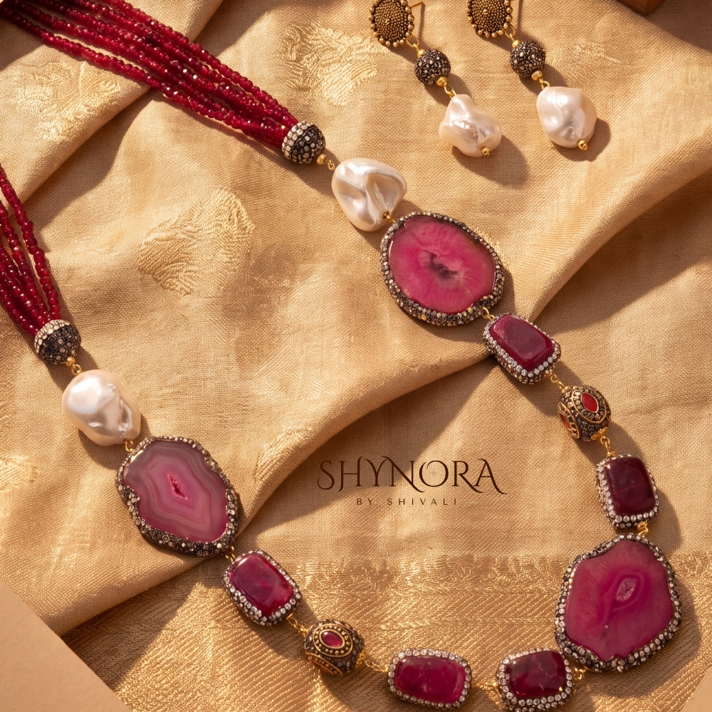 Rosewood Gemstone Mehendi Polish Pearl Necklace Set – Shynora By Shivali