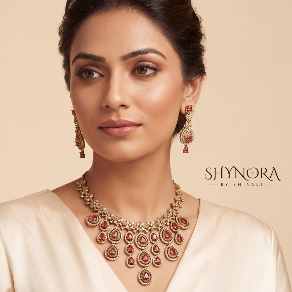 Ruby Domed Cluster Necklace Set – Shynora By Shivali