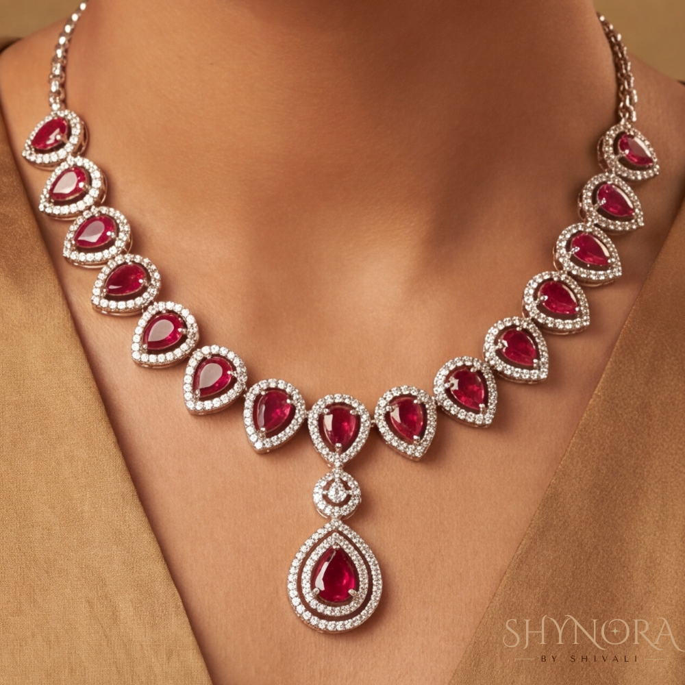 Ruby Delicate Pear Pendant Necklace Set – Shynora By Shivali