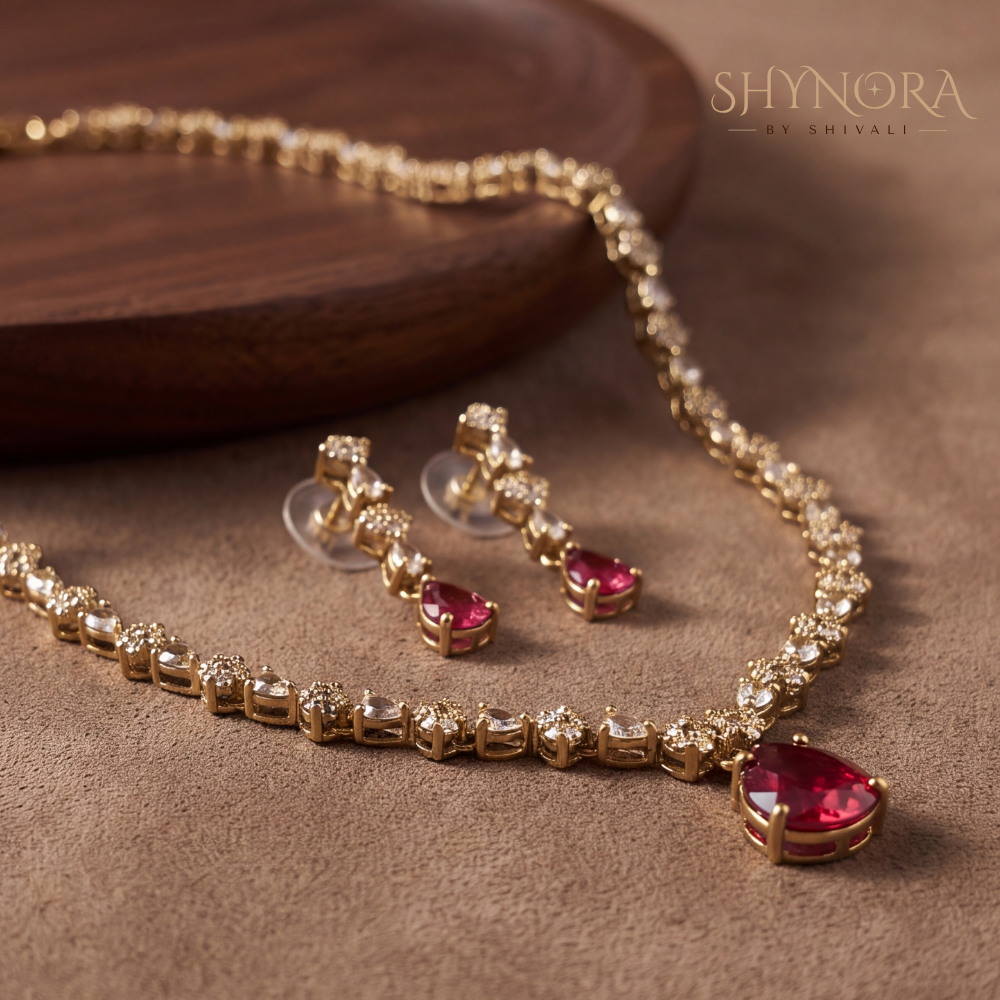 Ruby Pear Drop Delicate Necklace Set – Shynora By Shivali
