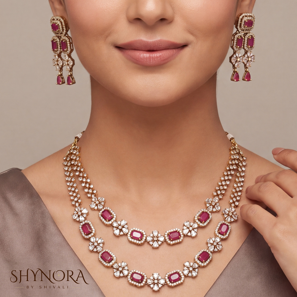 Ruby Baguette Two Layer Necklace Set – Shynora By Shivali