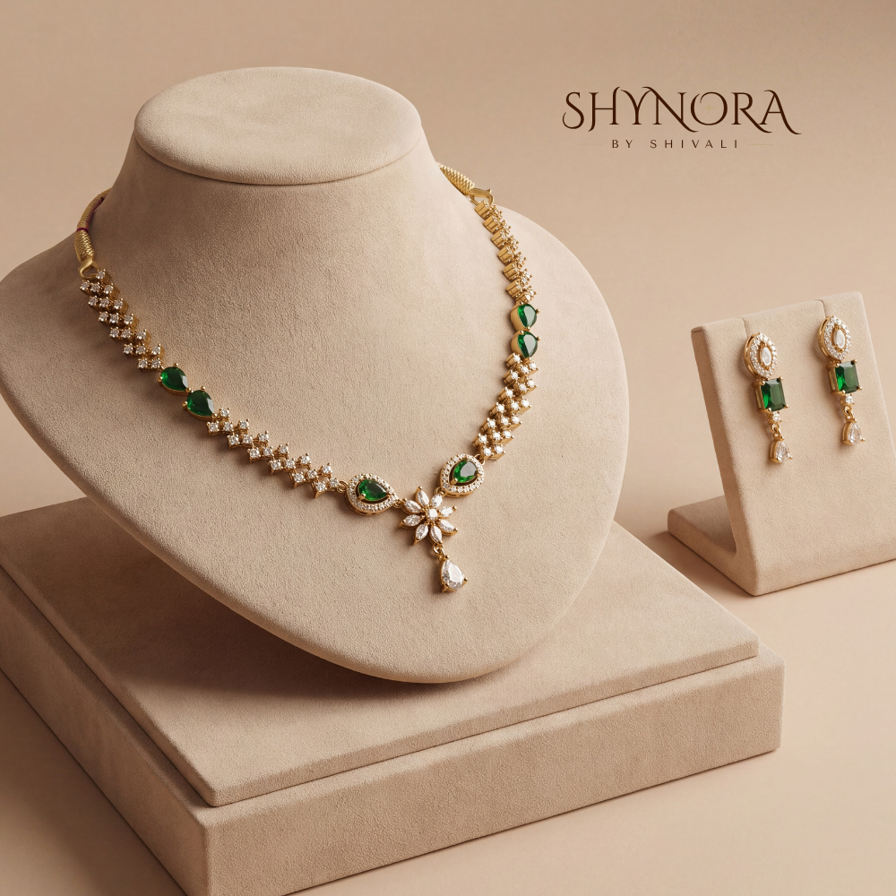 Emerald Oval Cluster Chain Necklace Set – Shynora By Shivali