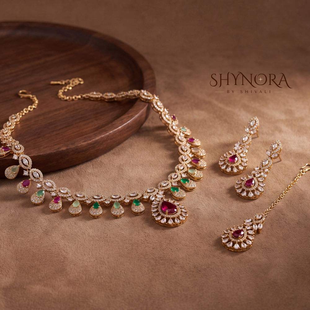 Multicolor Gemstone Pear Fringe Necklace Set – Shynora By Shivali