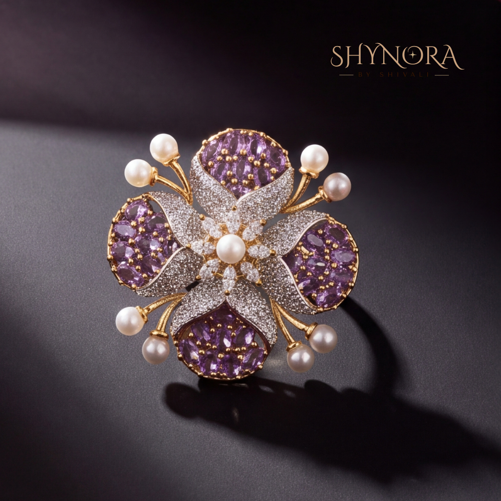 Amethyst Pearl Floral Adjustable Cocktail Ring – Shynora By Shivali