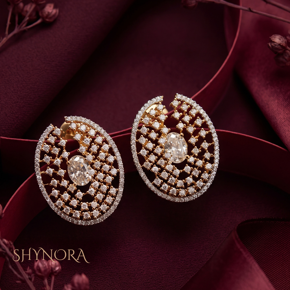 Diamond Oval Lattice Crescent Stud Earrings – Shynora By Shivali