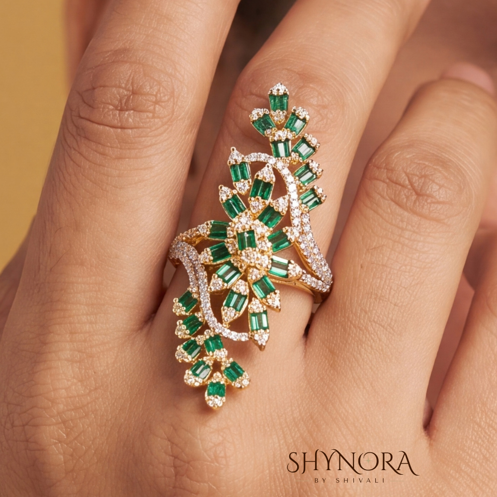Emerald Fan Leaf Adjustable Ring – Shynora By Shivali