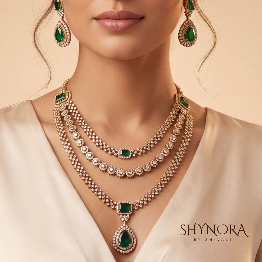 Emerald Three Layer Square Pendant Necklace Set – Shynora By Shivali