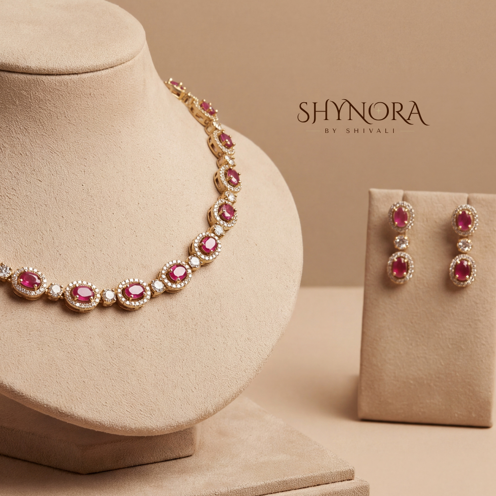 Ruby Halo Cluster Necklace Set – Shynora By Shivali