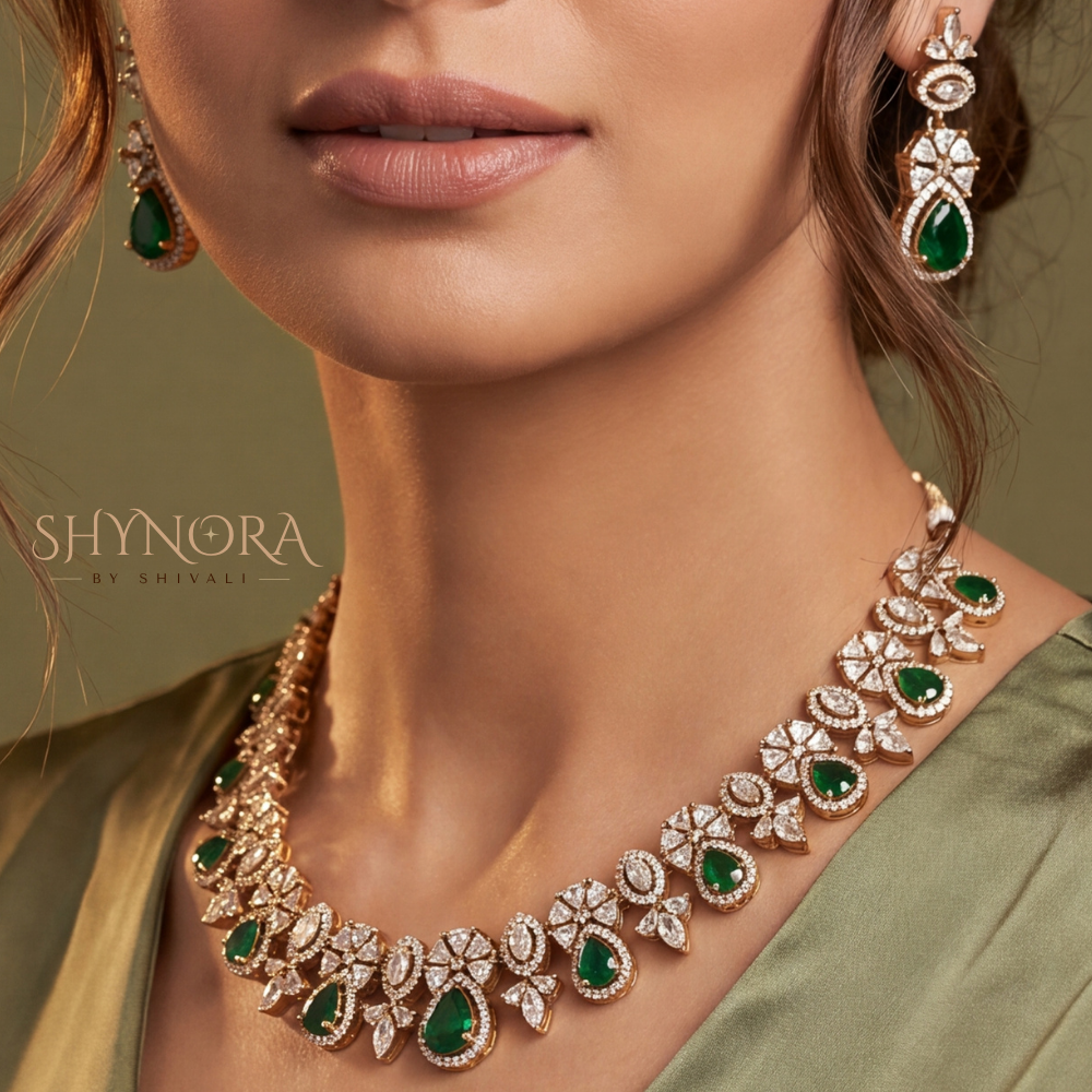 Emerald Floral Drop Necklace Set – Shynora By Shivali