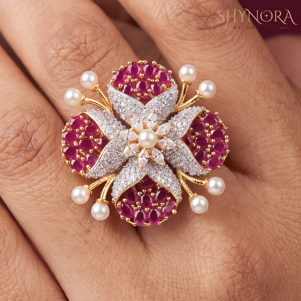 Ruby Pearl Cluster Adjustable Cocktail Ring – Shynora By Shivali