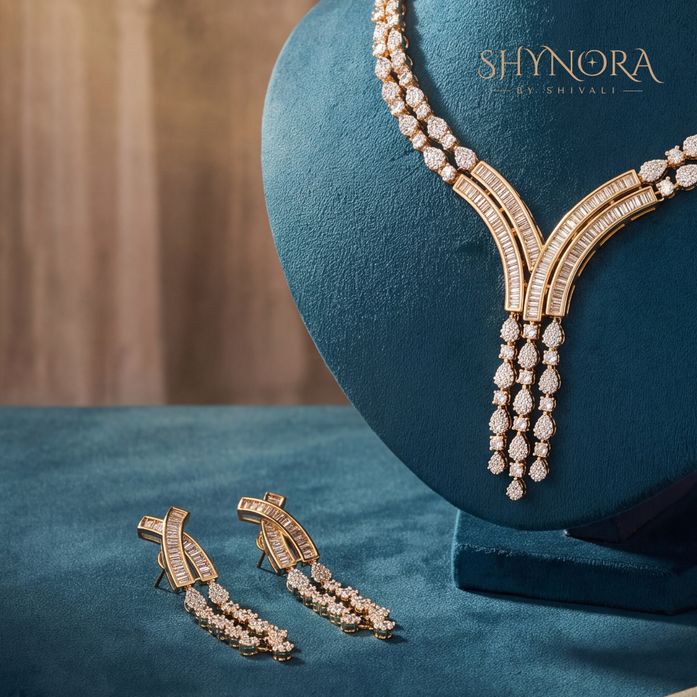 Cascading Baguette Y-Drop Necklace Set – Shynora By Shivali