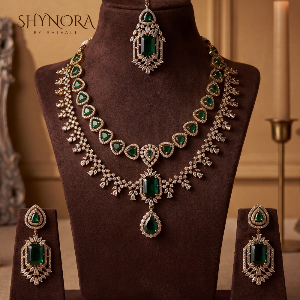 Emerald Two Layer Cluster Pendant Necklace Set – Shynora By Shivali