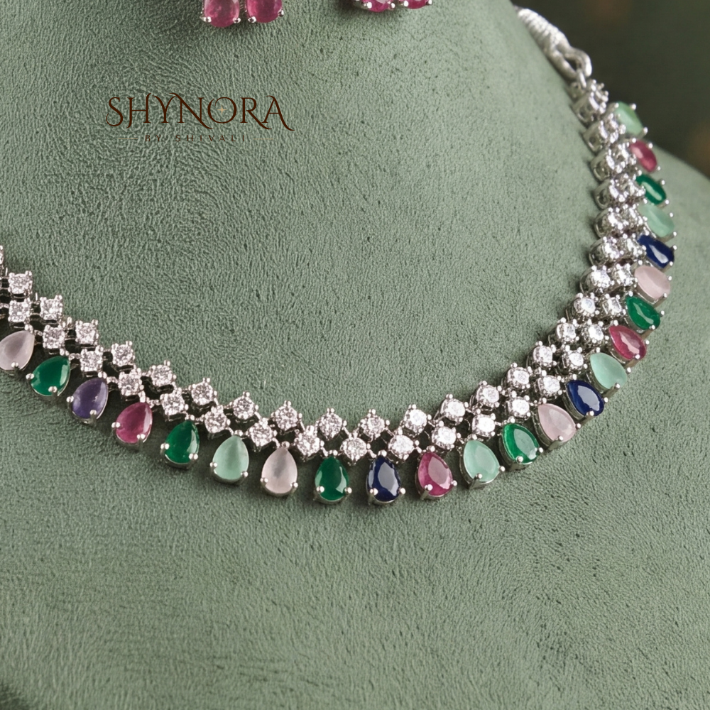 Multicolor Gemstone Diamond Lattice Necklace Set – Shynora By Shivali