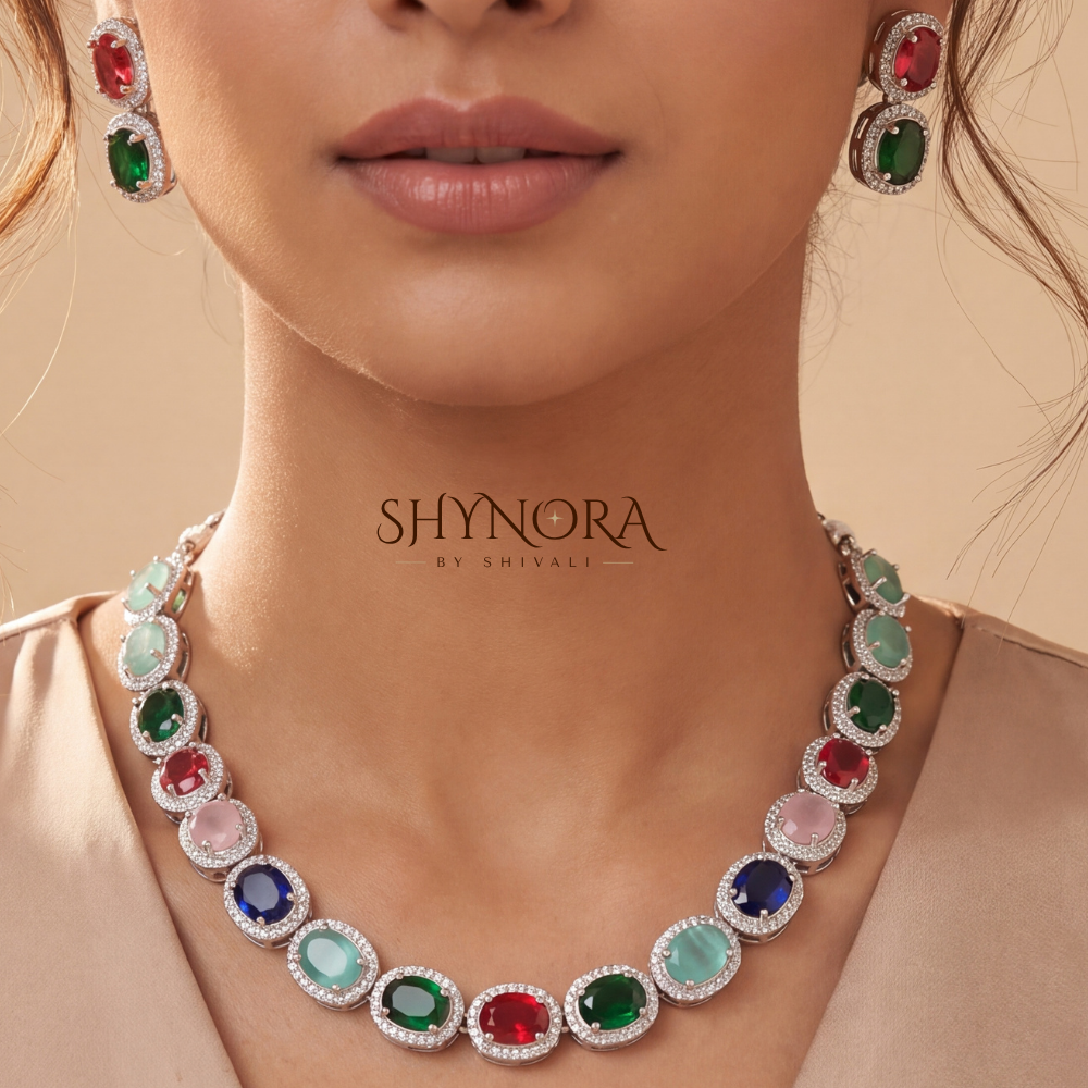 Multicolor Gemstone Oval Cluster Necklace Set – Shynora By Shivali