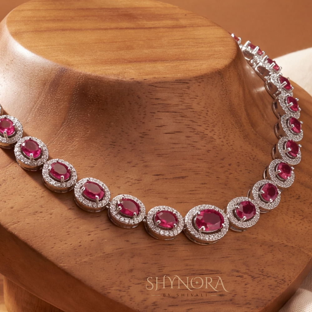 Ruby Pink Oval Cluster Necklace Set – Shynora By Shivali