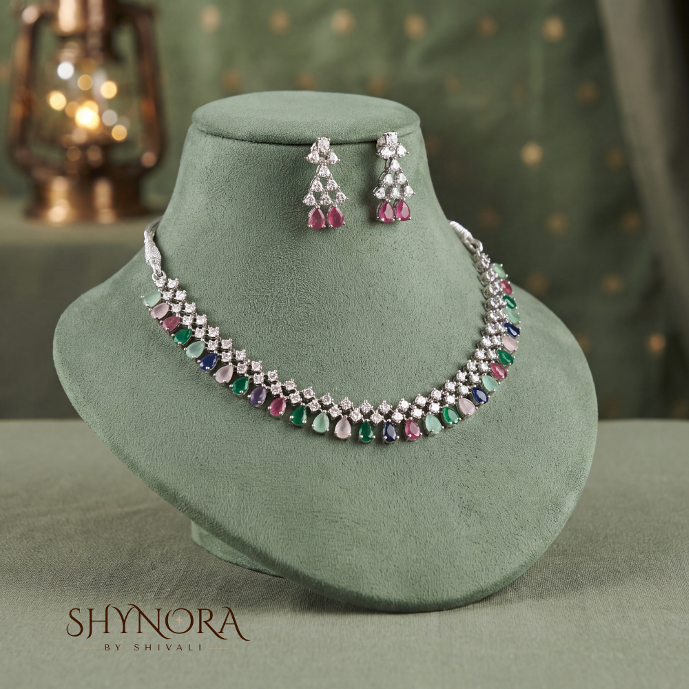 Multicolor Gemstone Diamond Lattice Necklace Set – Shynora By Shivali