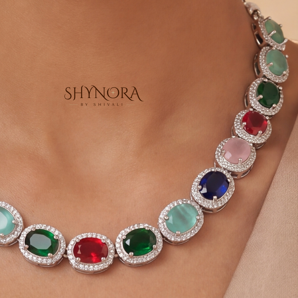 Multicolor Gemstone Oval Cluster Necklace Set – Shynora By Shivali