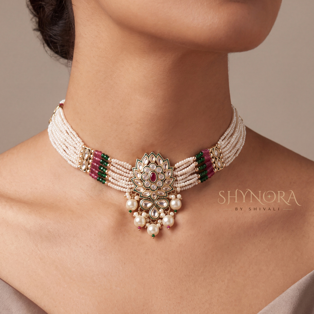 Green Maroon Kundan Pearl Necklace Set – Shynora By Shivali