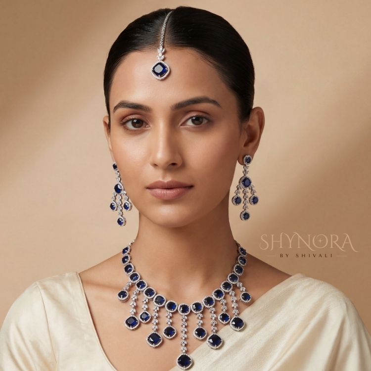 Midnight Blue Sapphire Chandelier Necklace Set for Women