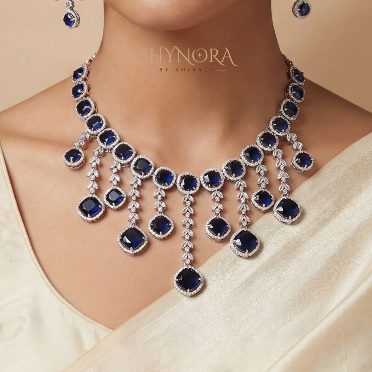 Midnight Blue Sapphire Chandelier Necklace Set for Women