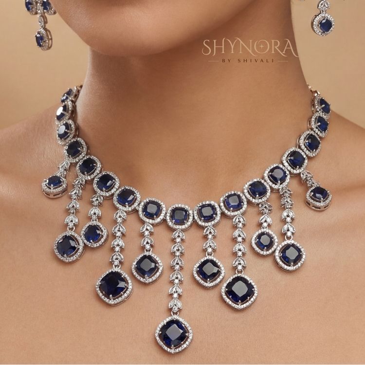 Midnight Blue Sapphire Chandelier Necklace Set for Women