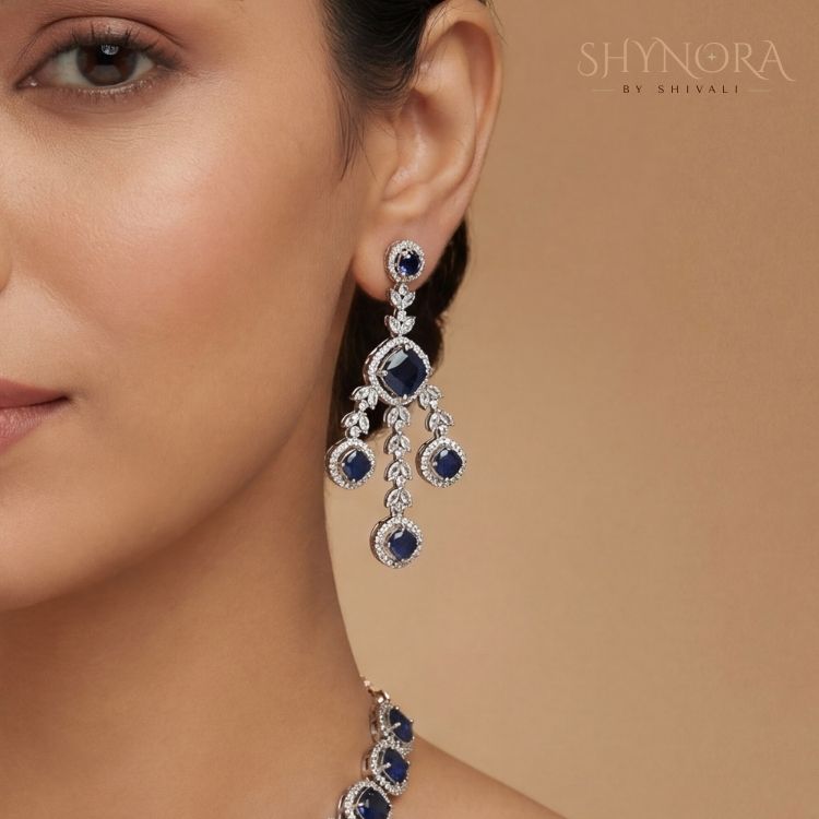 Midnight Blue Sapphire Chandelier Necklace Set for Women