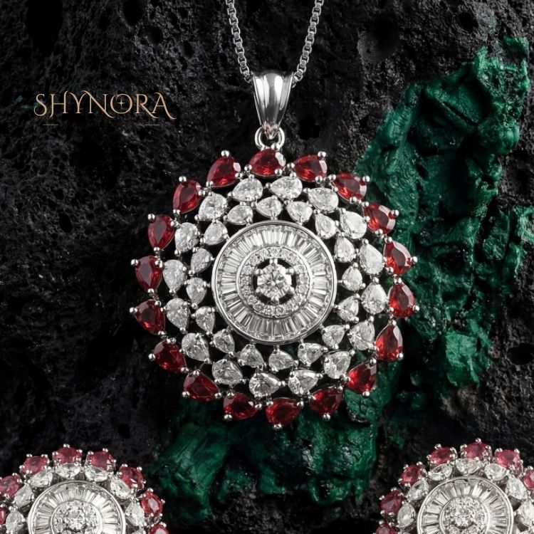 Heer Ruby Halo AD Pendant Set