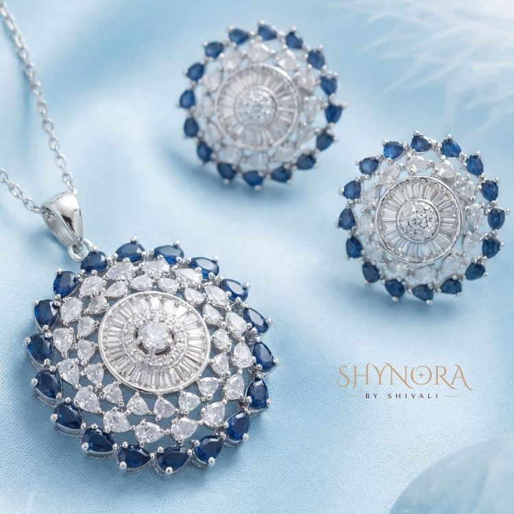 Heer Midnight Blue Halo Drops AD Pendant Set