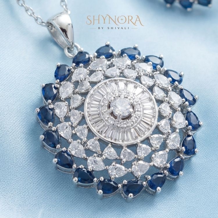 Heer Midnight Blue Halo Drops AD Pendant Set